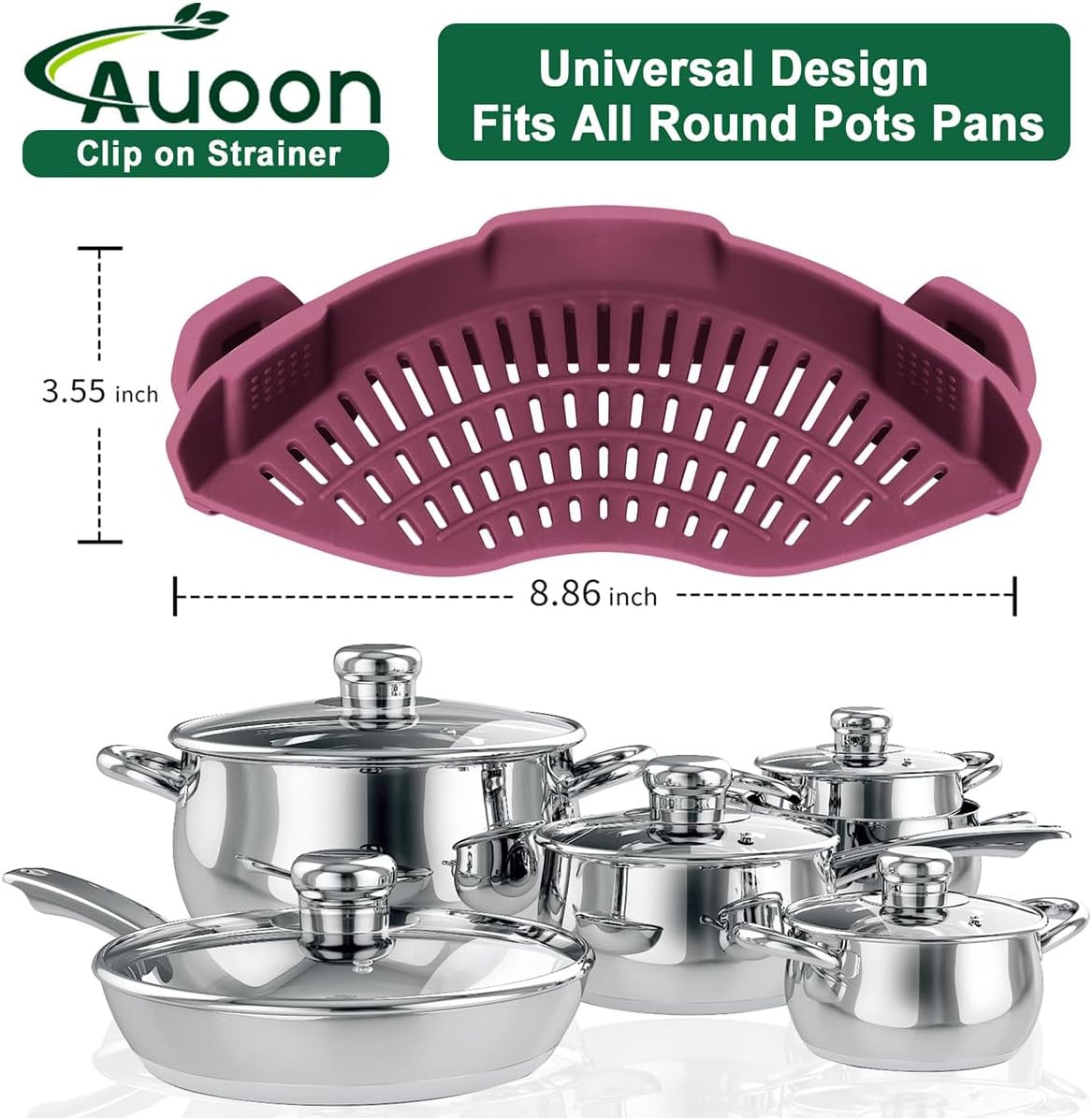 Clip On Strainer Silicone for Pots, Standard 8.86 x 3.55in, Purple | Food-grade BPA-free, Fits Pots Pans Bowls, Dishwasher Safe, for Pasta Noodles Vegetable Fruits, Space-saving Kitchen Gadget