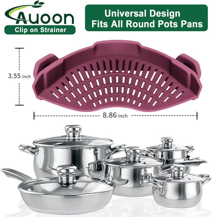 Clip On Strainer Silicone for Pots, Standard 8.86 x 3.55in, Purple | Food-grade BPA-free, Fits Pots Pans Bowls, Dishwasher Safe, for Pasta Noodles Vegetable Fruits, Space-saving Kitchen Gadget