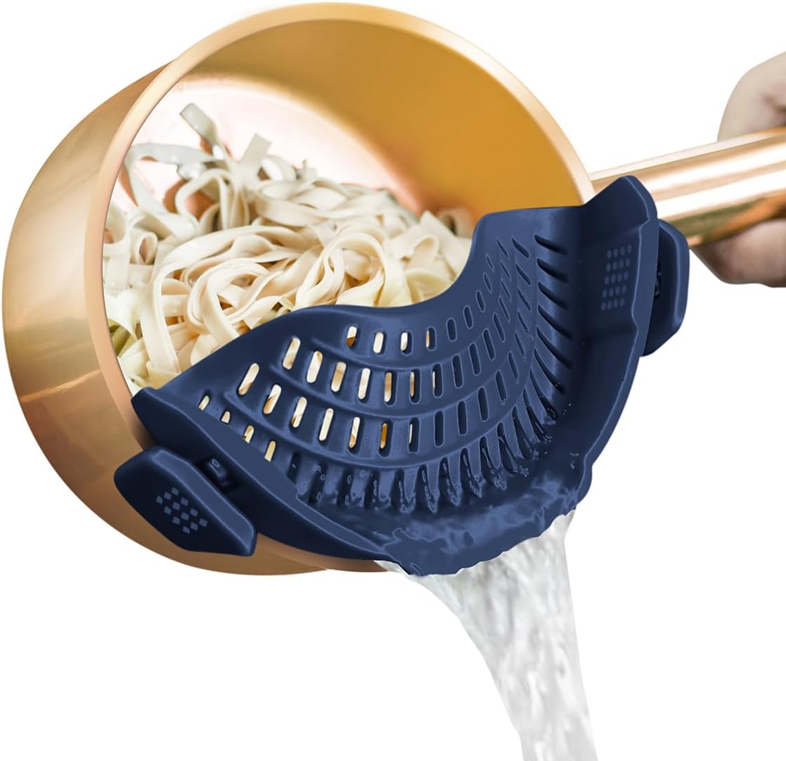 Clip On Strainer Silicone for Pots, Standard 8.86 x 3.55in, Purple | Food-grade BPA-free, Fits Pots Pans Bowls, Dishwasher Safe, for Pasta Noodles Vegetable Fruits, Space-saving Kitchen Gadget