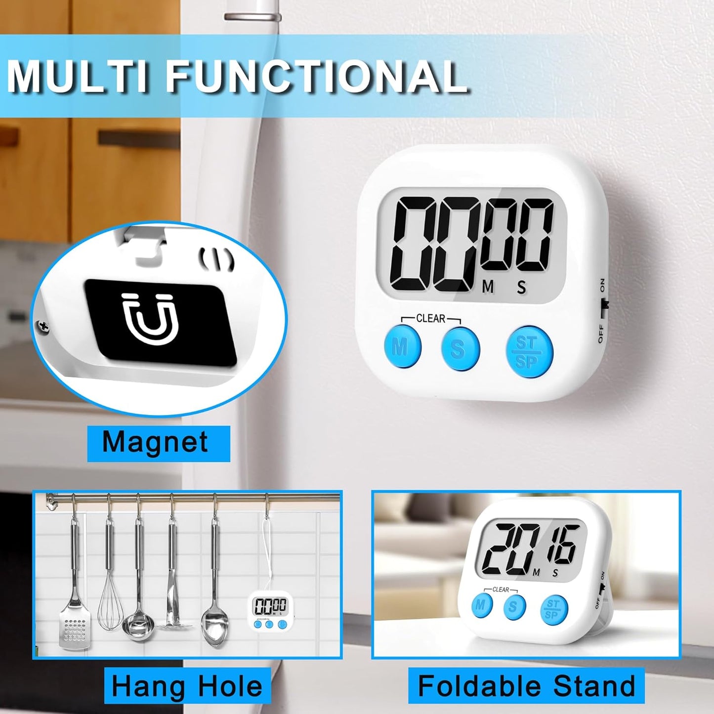 Kitchen Timer Digital with Magnetic Back for Kids Classroom, White 6 Pack