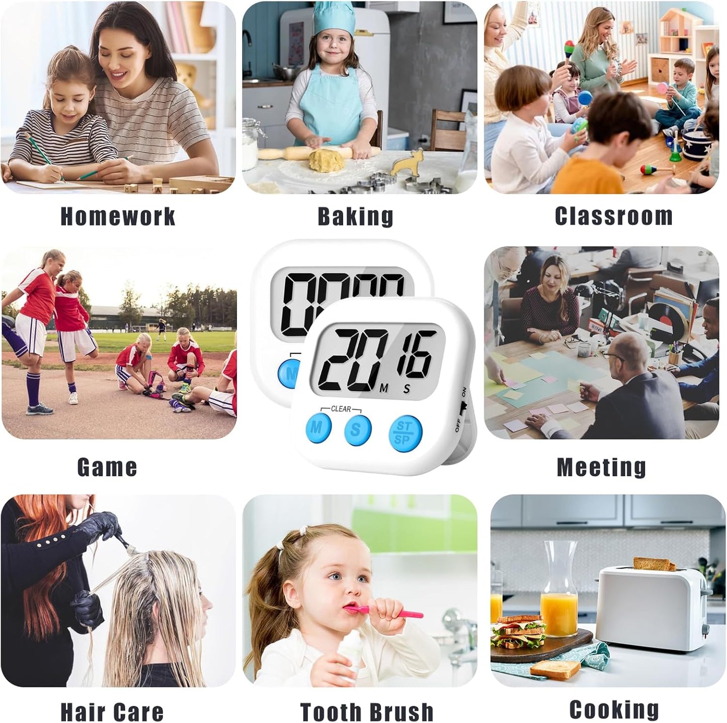 Kitchen Timer Digital with Magnetic Back for Kids Classroom, White 6 Pack