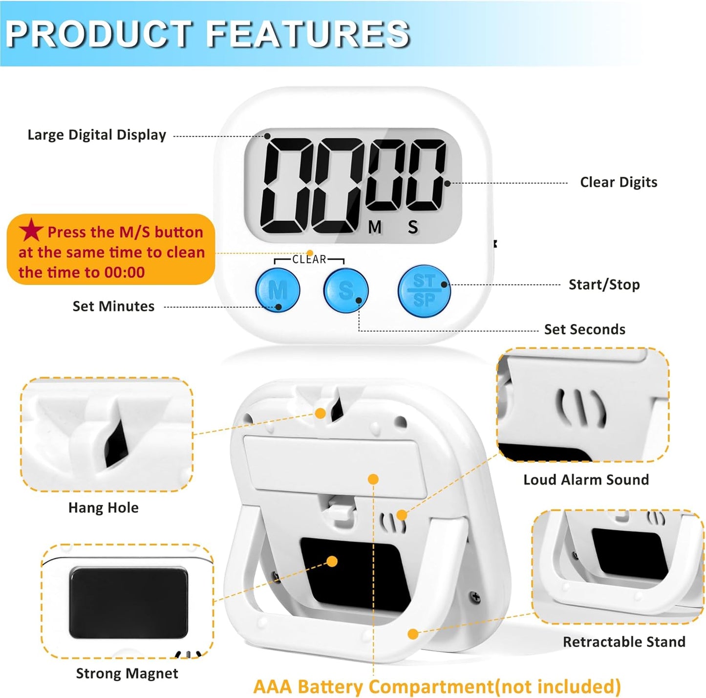 Kitchen Timer Digital with Magnetic Back for Kids Classroom, White 6 Pack