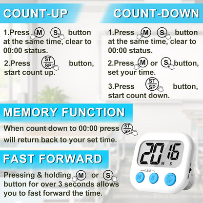 Kitchen Timer Digital with Magnetic Back for Kids Classroom, White 6 Pack