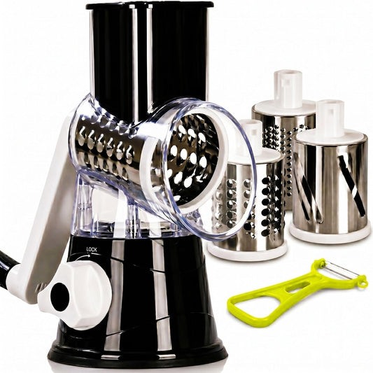 Rotary Cheese Grater Hand Crank & Vegetable Chopper - 3-in-1 Manual Cheese Shredder with Handle - Fast Meal Prep Mandoline Slicer - Strong Suction Base & Safe Kitchen Gadgets, Black