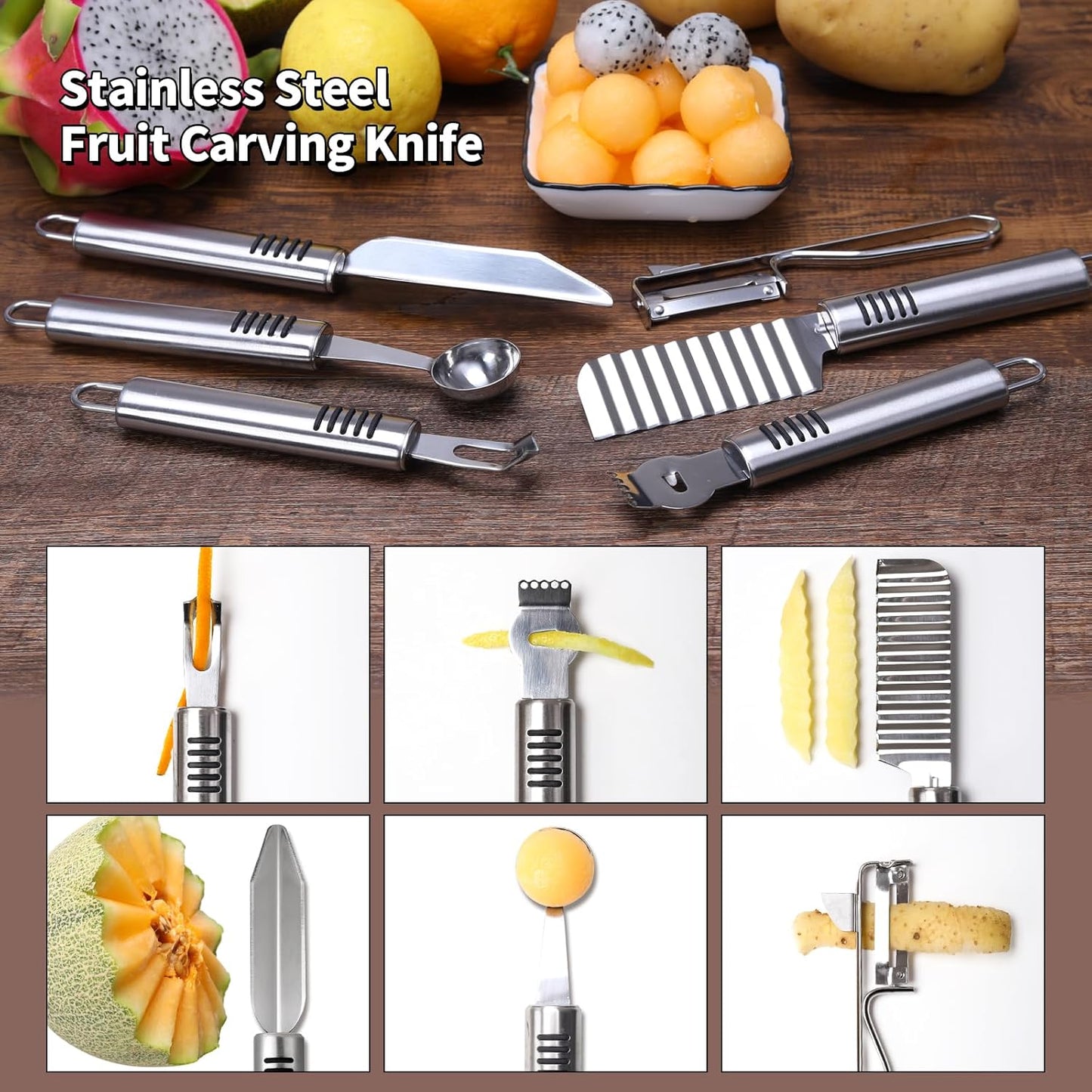 Stainless Steel Fruit Carving Knife Set, 6 Pack Vegetable Engraving Blades for Kitchen, Melon Baller Scoop,Lemon Zester, Garnish Peeler,Crinkle Knife,V-shape Cutter