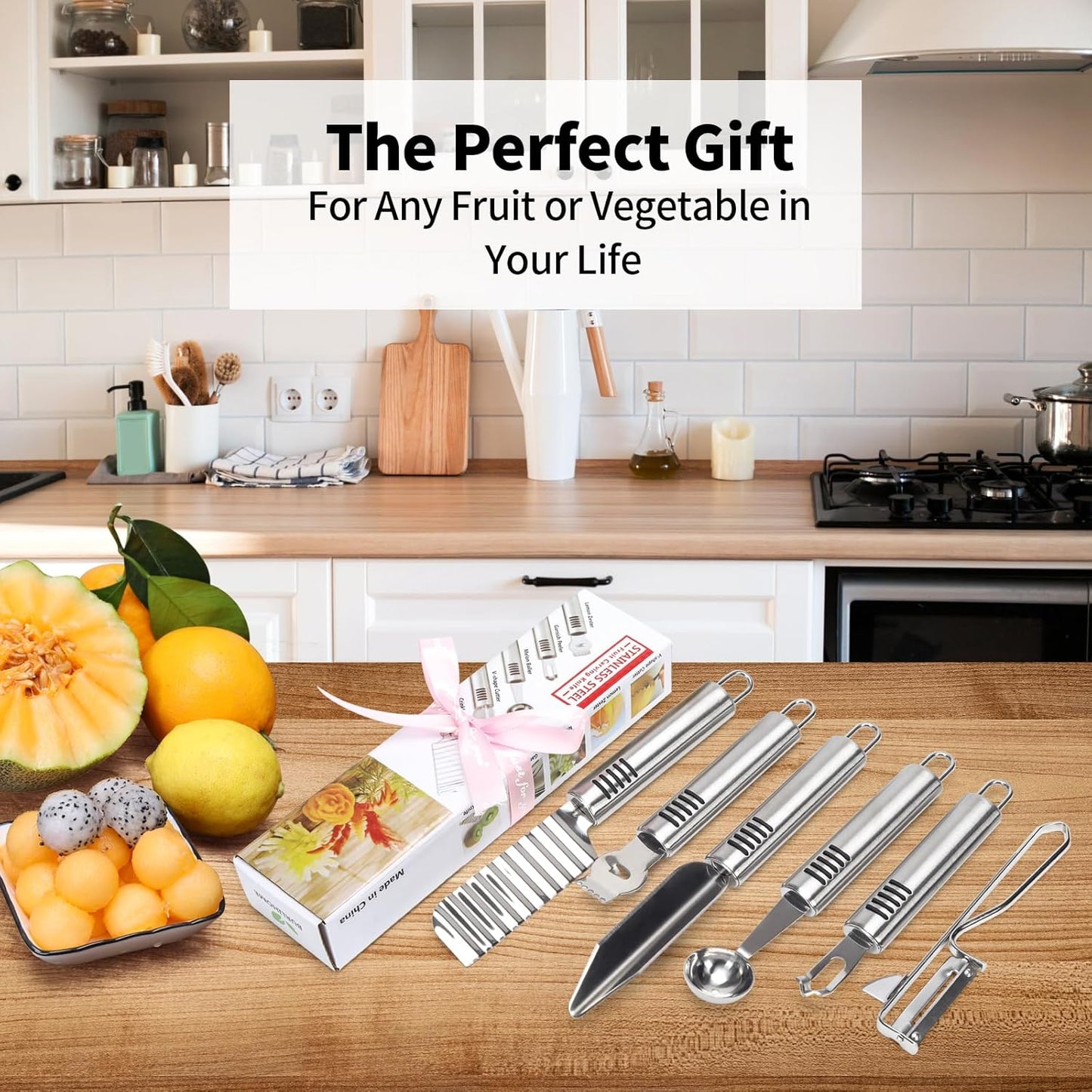 Stainless Steel Fruit Carving Knife Set, 6 Pack Vegetable Engraving Blades for Kitchen, Melon Baller Scoop,Lemon Zester, Garnish Peeler,Crinkle Knife,V-shape Cutter