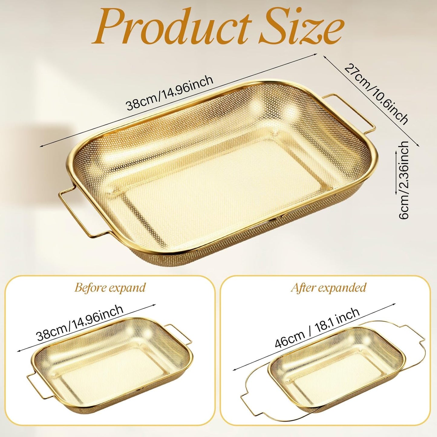 Gold Over the Sink Colander with Expandable Handles and 3 Pcs Gold Fine Mesh Strainer Large Stainless Steel Colander Strainer Basket for Kitchen Accessories (15-18.1 L x 10.6 W x 2.4 H)