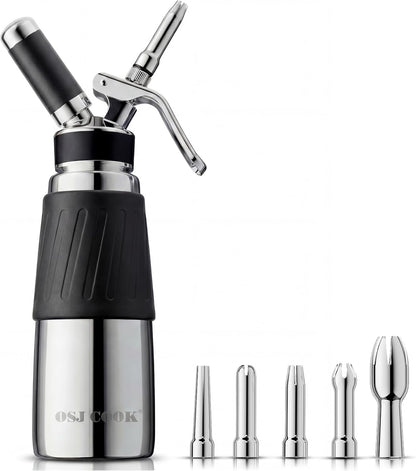 Professional Aluminum Whipped Cream Dispenser - 500 mL/1 Pint,Leak-Free Whipped Cream Maker Canister with 8 Decorating Nozzles & Cleaning Brush - N2O Chargers (Not Included) (Silver, 500ml)