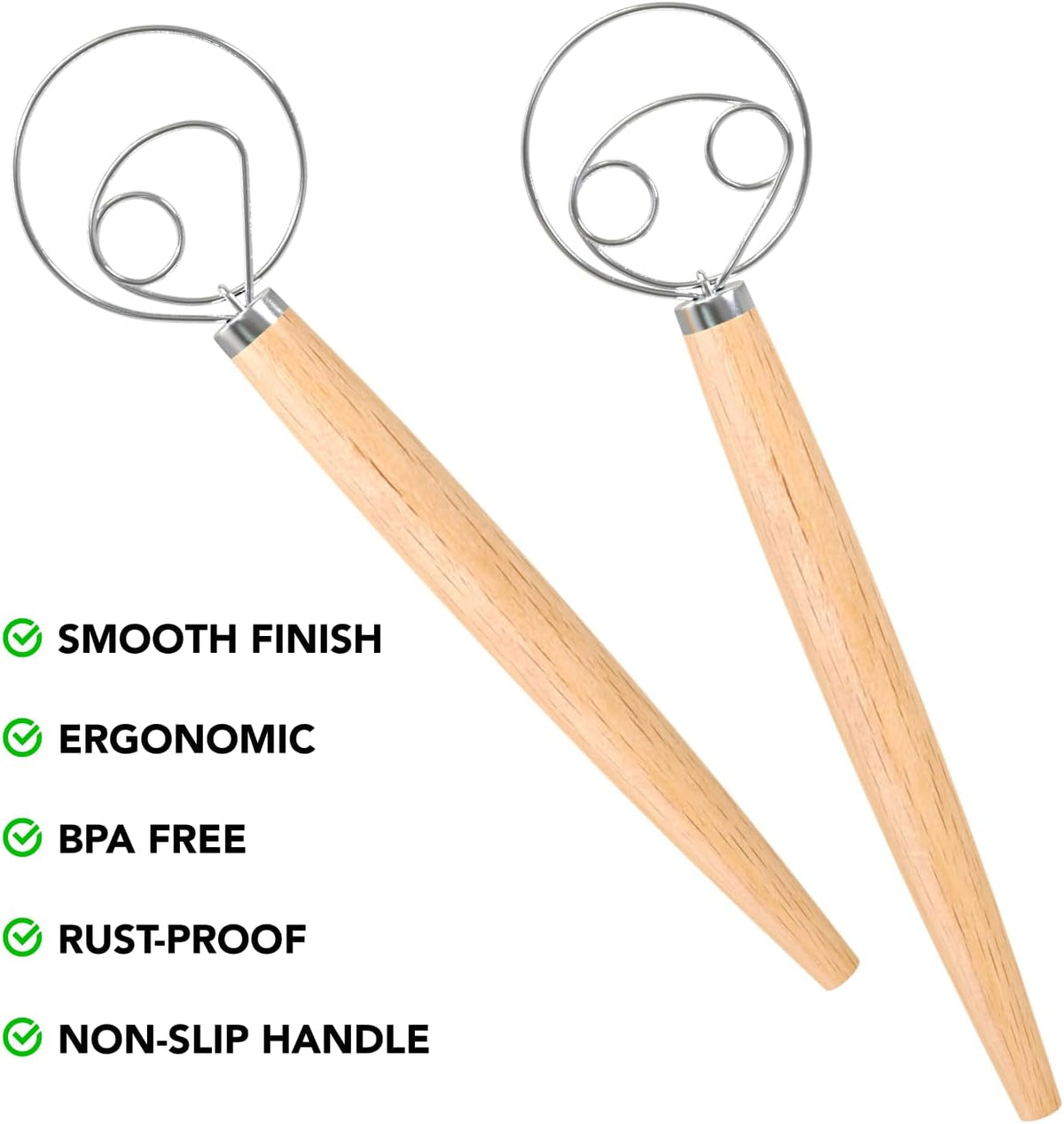 Danish Dough Whisk - One Eye Stainless Steel Bread Mixer with Wooden Handle - Sourdough Whisk for Baking Dough, Pizza, Pastries - Food-Grade, Dishwasher Safe