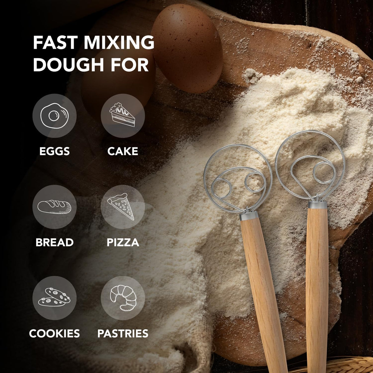 Danish Dough Whisk - One Eye Stainless Steel Bread Mixer with Wooden Handle - Sourdough Whisk for Baking Dough, Pizza, Pastries - Food-Grade, Dishwasher Safe