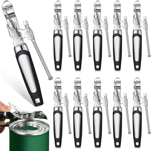 10 Pcs Can Opener Manual Bulk Smooth Edge with Sharp Blade and Soft Non Slip Grip Handle Heavy Duty Handheld Safety Can Opener for Kitchen Restaurant, Black and Silver