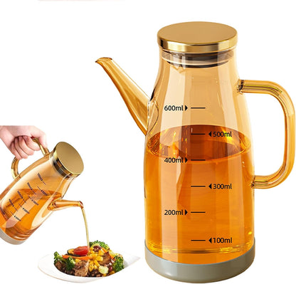Oil Dispenser Bottle with Drip Free Spout Glass Container 20.3 oz | Wide Mouth Glass with Lid and Handle Food-grade Dispenser Container Bottles for Cooking Kitchen Gadgets