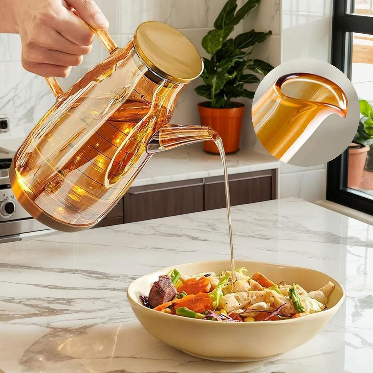 Oil Dispenser Bottle with Drip Free Spout Glass Container 20.3 oz | Wide Mouth Glass with Lid and Handle Food-grade Dispenser Container Bottles for Cooking Kitchen Gadgets
