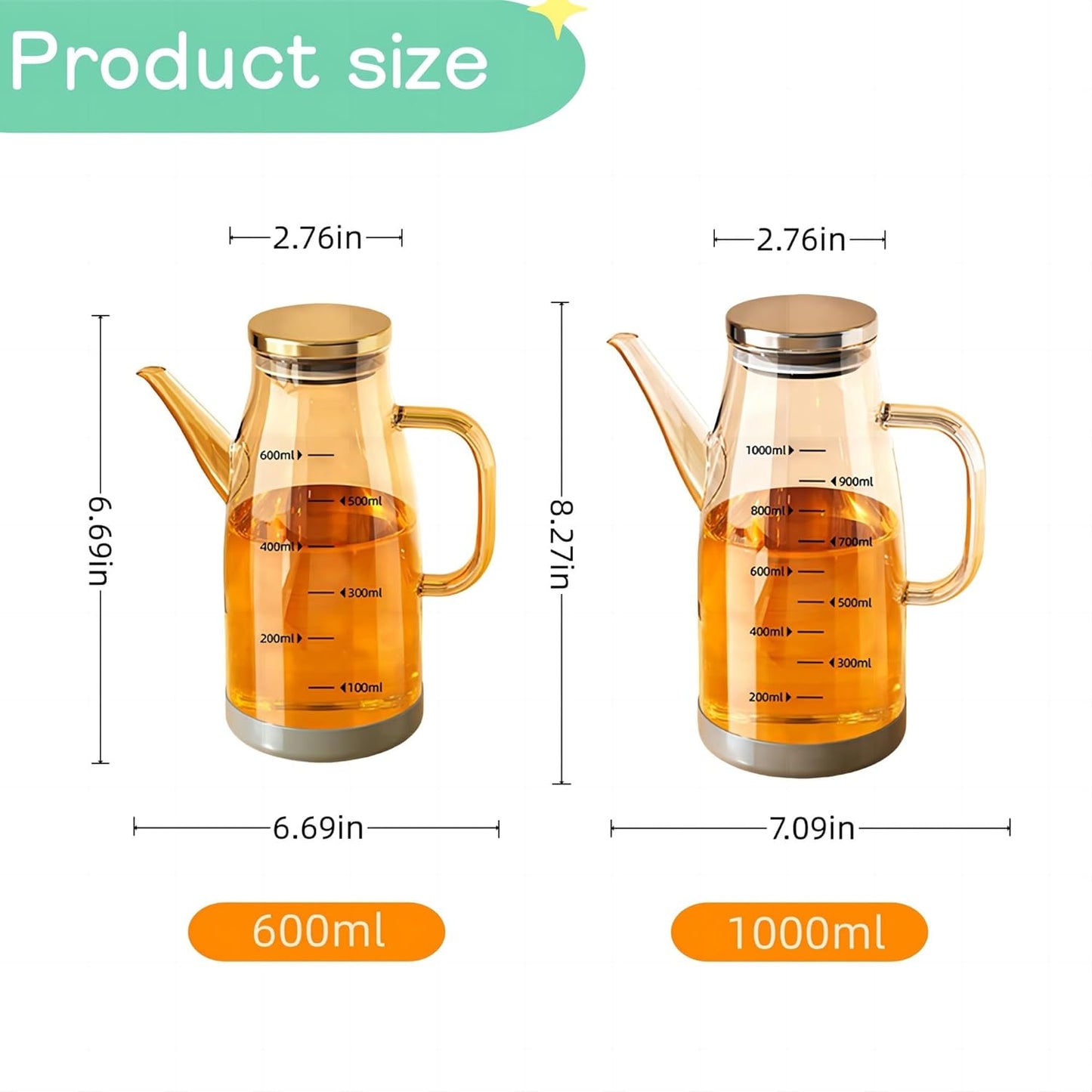 Oil Dispenser Bottle with Drip Free Spout Glass Container 20.3 oz | Wide Mouth Glass with Lid and Handle Food-grade Dispenser Container Bottles for Cooking Kitchen Gadgets