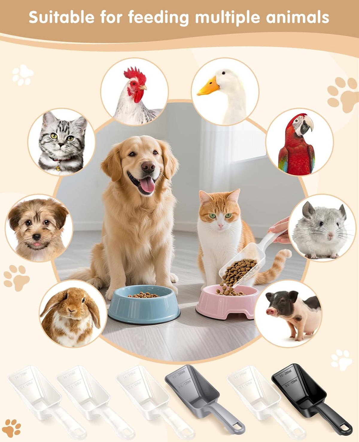 2-Pack Dog Food Scoop 1 Cup, Plastic Pet Food Measuring Scoop With Measuring Lines (1/2 & 1 Cup Markings) for Dogs, Cats, Fish, Bird（Transparent