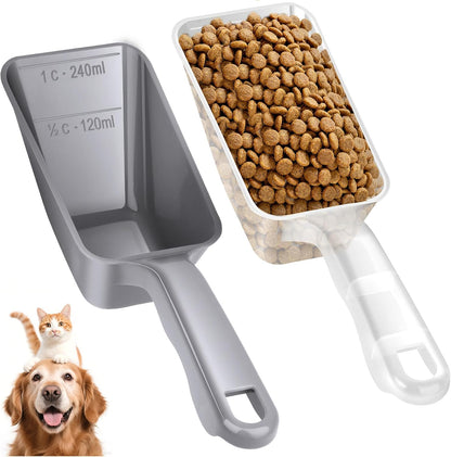 2-Pack Dog Food Scoop 1 Cup, Plastic Pet Food Measuring Scoop With Measuring Lines (1/2 & 1 Cup Markings) for Dogs, Cats, Fish, Bird（Transparent