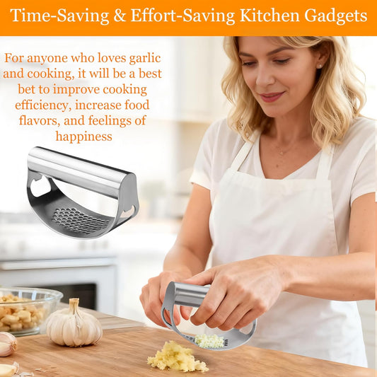 Garlic Press Rocker,Stainless Steel Garlic Mincer,Garlic Crusher w/Ergonomic Handle,Built-in Bottle Opener,Garlic Chooper with Peeler&Cleaning Brush,Essentials Kitchen Gadgets for Effortless Smashing