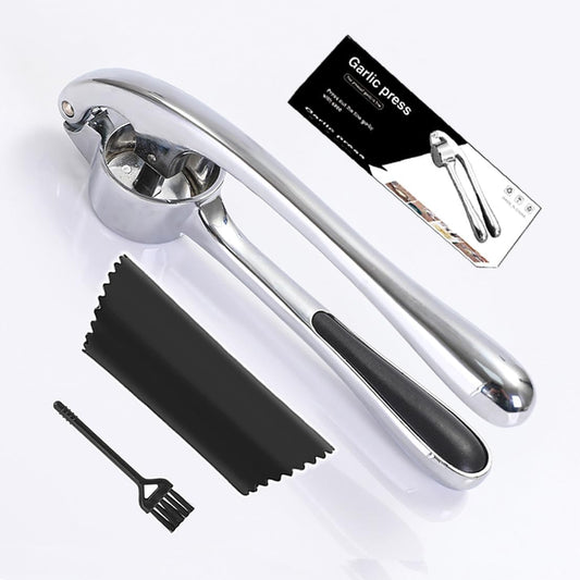 Premium Garlic Press And Peel Set,Heavy Duty Garlic Crusher,Rust Proof Garlic Mincer Tool,Easy to Squeeze And Clean, Ergonomic Handle Includes Silicone Garlic Peeler And Brush (Sivler)
