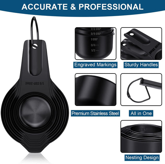 21 Piece Black Measuring Cups & Spoons, Includes 7 Stainless Steel Measuring Cups, 8 Double Sided Measuring Spoons, 1 Leveler & 5 Mini Spoons