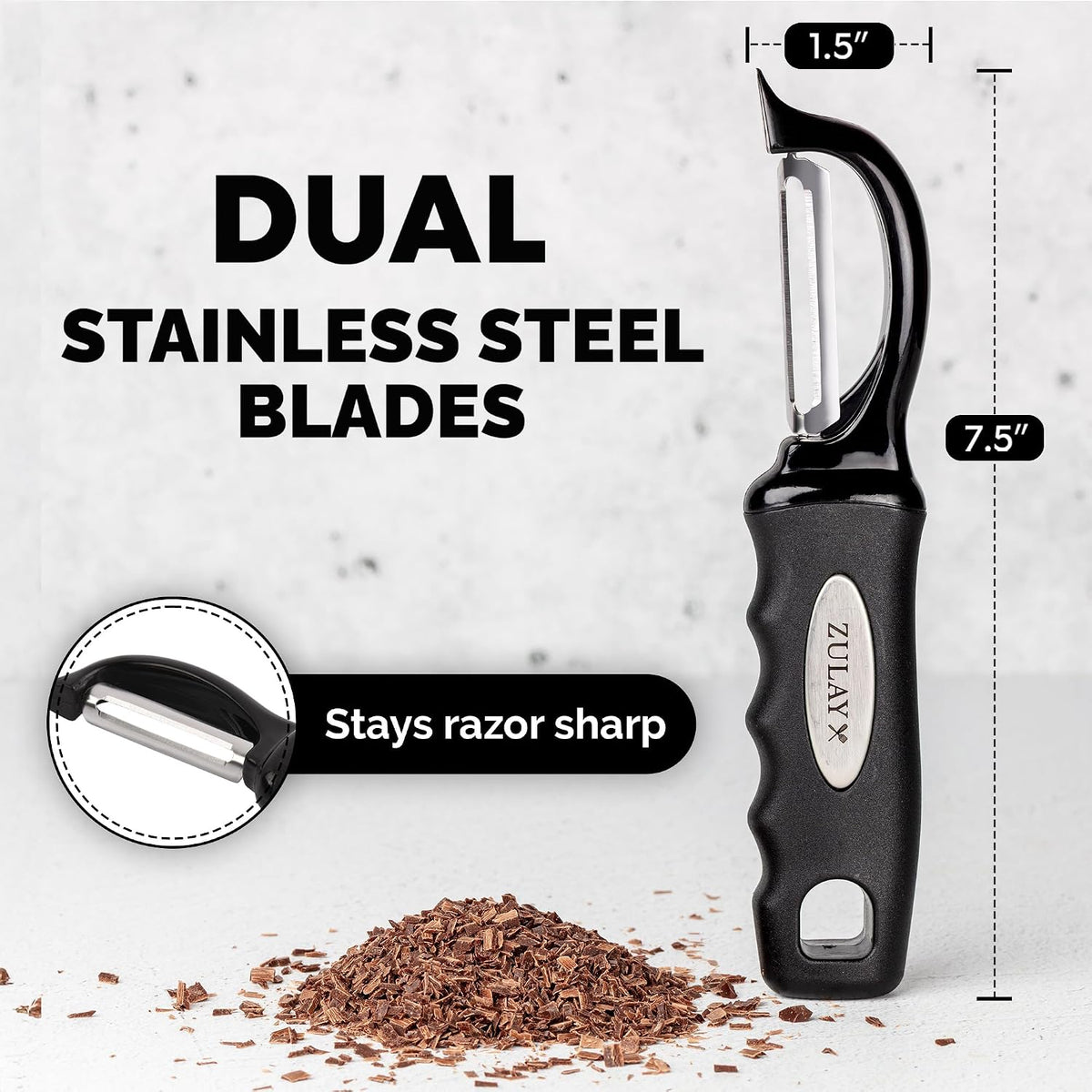 Premium Vegetable Peeler for Kitchen - Swivel Peeler with Razor Sharp Stainless Steel Blades & Strong Ergonomic Handle - Dishwasher Safe, Easy To Use with Blemish Remover - Black