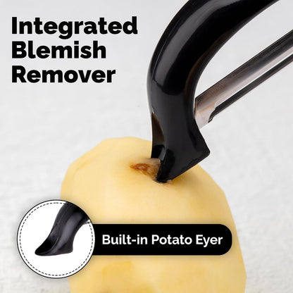 Premium Vegetable Peeler for Kitchen - Swivel Peeler with Razor Sharp Stainless Steel Blades & Strong Ergonomic Handle - Dishwasher Safe, Easy To Use with Blemish Remover - Black