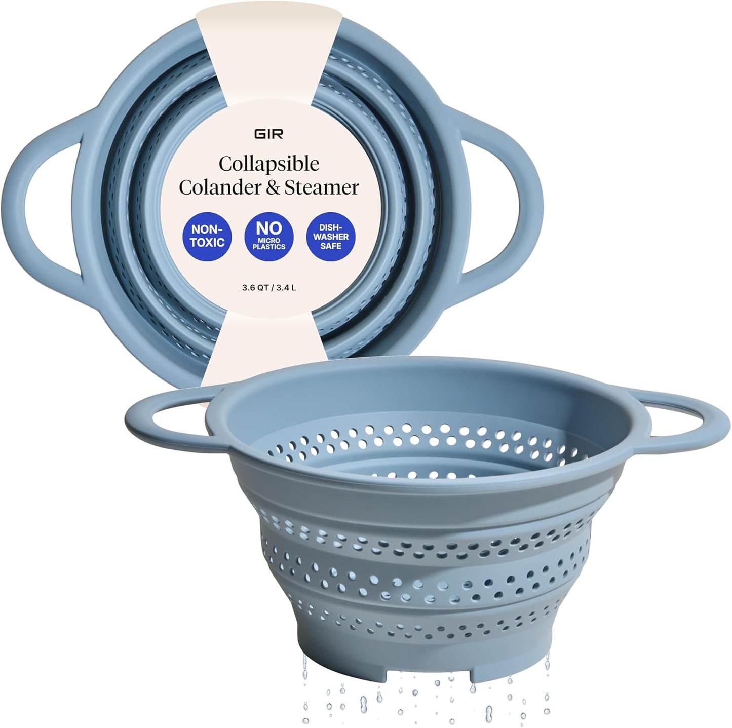 GIR Collapsible Colander for Kitchen, Silicone Strainer and Steamer, BPA-Free, Heat-Resistant, Space-Saving Collapsible Strainer with Stainless Steel Rim, Dishwasher Safe - Slate