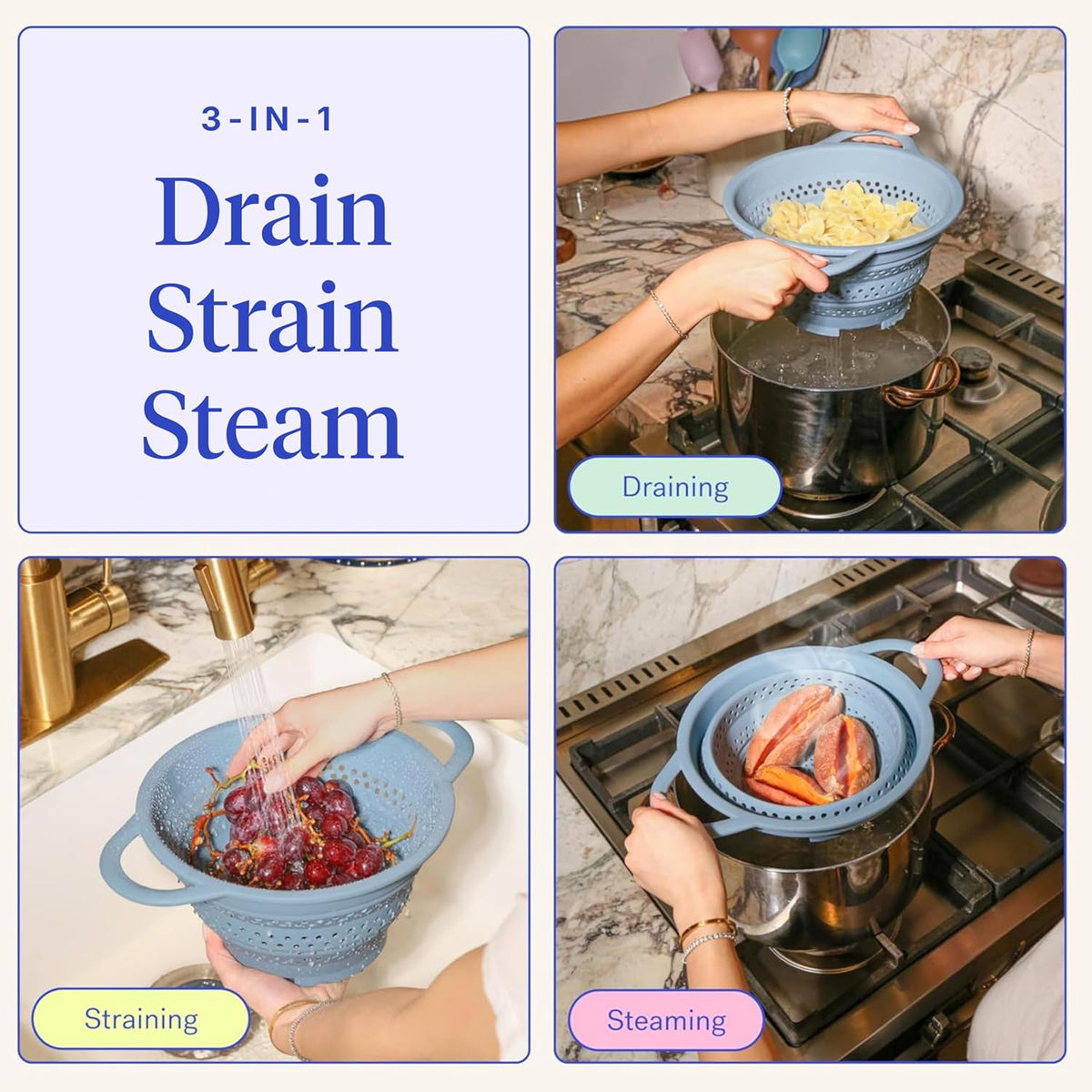 GIR Collapsible Colander for Kitchen, Silicone Strainer and Steamer, BPA-Free, Heat-Resistant, Space-Saving Collapsible Strainer with Stainless Steel Rim, Dishwasher Safe - Slate