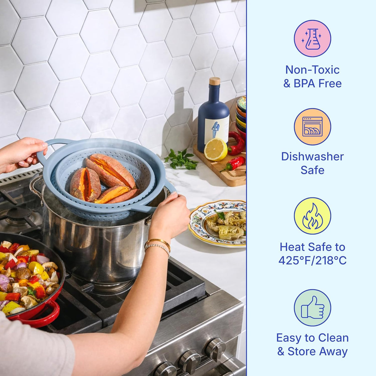 GIR Collapsible Colander for Kitchen, Silicone Strainer and Steamer, BPA-Free, Heat-Resistant, Space-Saving Collapsible Strainer with Stainless Steel Rim, Dishwasher Safe - Slate
