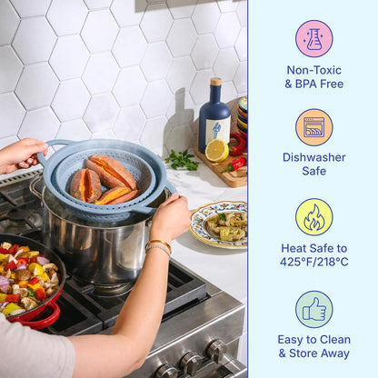GIR Collapsible Colander for Kitchen, Silicone Strainer and Steamer, BPA-Free, Heat-Resistant, Space-Saving Collapsible Strainer with Stainless Steel Rim, Dishwasher Safe - Slate
