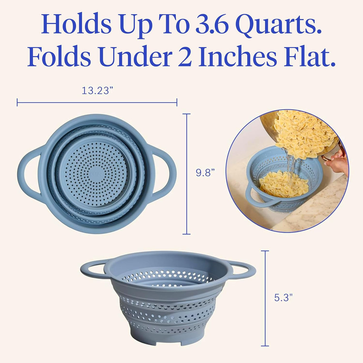 GIR Collapsible Colander for Kitchen, Silicone Strainer and Steamer, BPA-Free, Heat-Resistant, Space-Saving Collapsible Strainer with Stainless Steel Rim, Dishwasher Safe - Slate