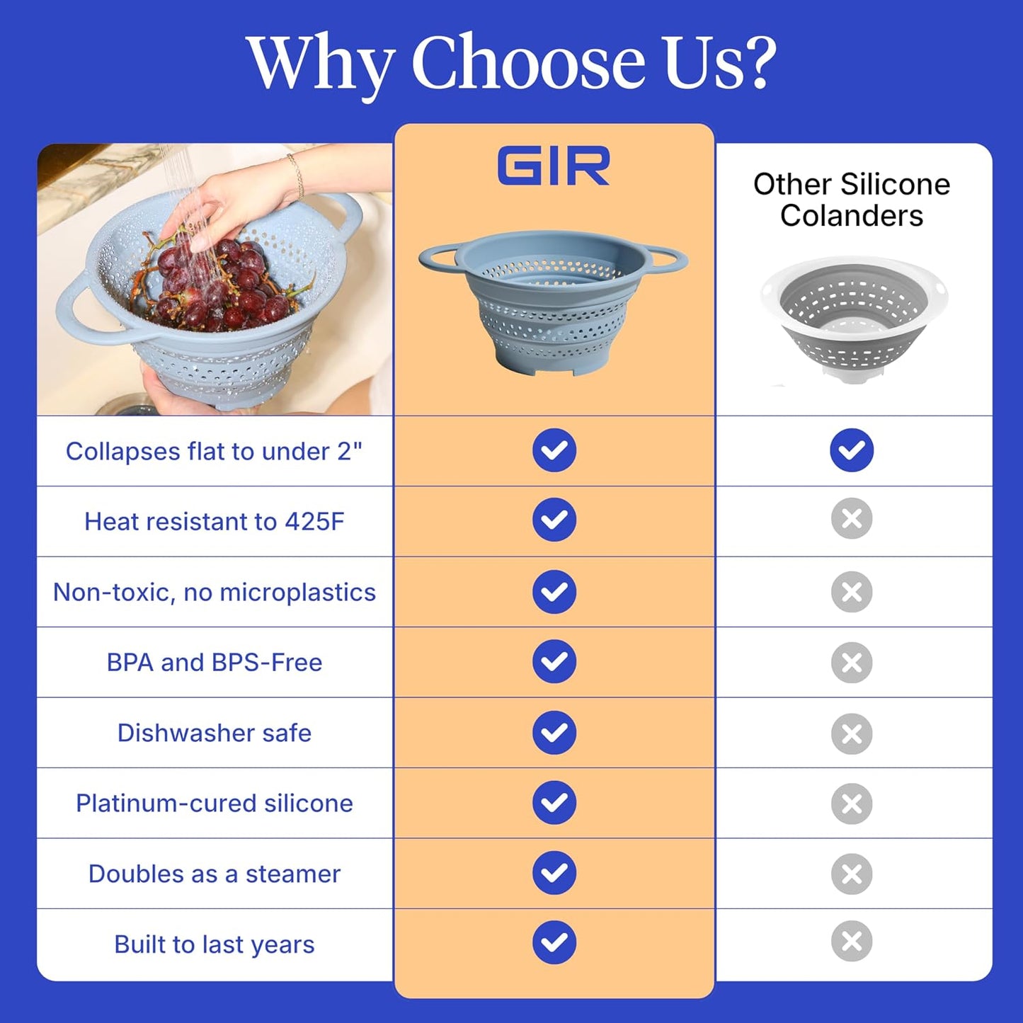 GIR Collapsible Colander for Kitchen, Silicone Strainer and Steamer, BPA-Free, Heat-Resistant, Space-Saving Collapsible Strainer with Stainless Steel Rim, Dishwasher Safe - Slate