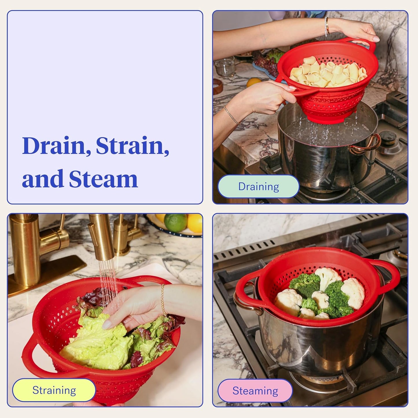 GIR Collapsible Colander for Kitchen, Silicone Strainer and Steamer, BPA-Free, Heat-Resistant, Space-Saving Collapsible Strainer with Stainless Steel Rim, Dishwasher Safe - Slate