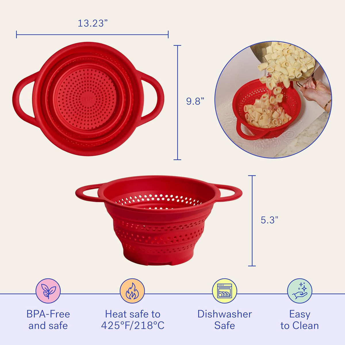 GIR Collapsible Colander for Kitchen, Silicone Strainer and Steamer, BPA-Free, Heat-Resistant, Space-Saving Collapsible Strainer with Stainless Steel Rim, Dishwasher Safe - Slate