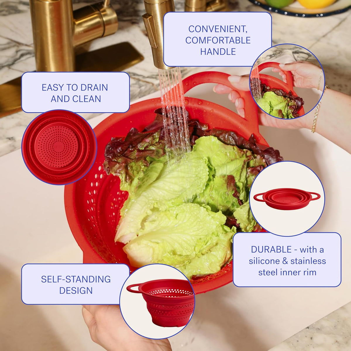 GIR Collapsible Colander for Kitchen, Silicone Strainer and Steamer, BPA-Free, Heat-Resistant, Space-Saving Collapsible Strainer with Stainless Steel Rim, Dishwasher Safe - Slate