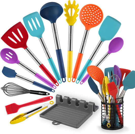446°F Heat Resistant Silicone Kitchen Utensils, Cooking Utensil Set, Spatula Set, BPA Free, Kitchen Gadgets, Utensils Holder, Dishwasher Safe, 14pcs Multicolor
