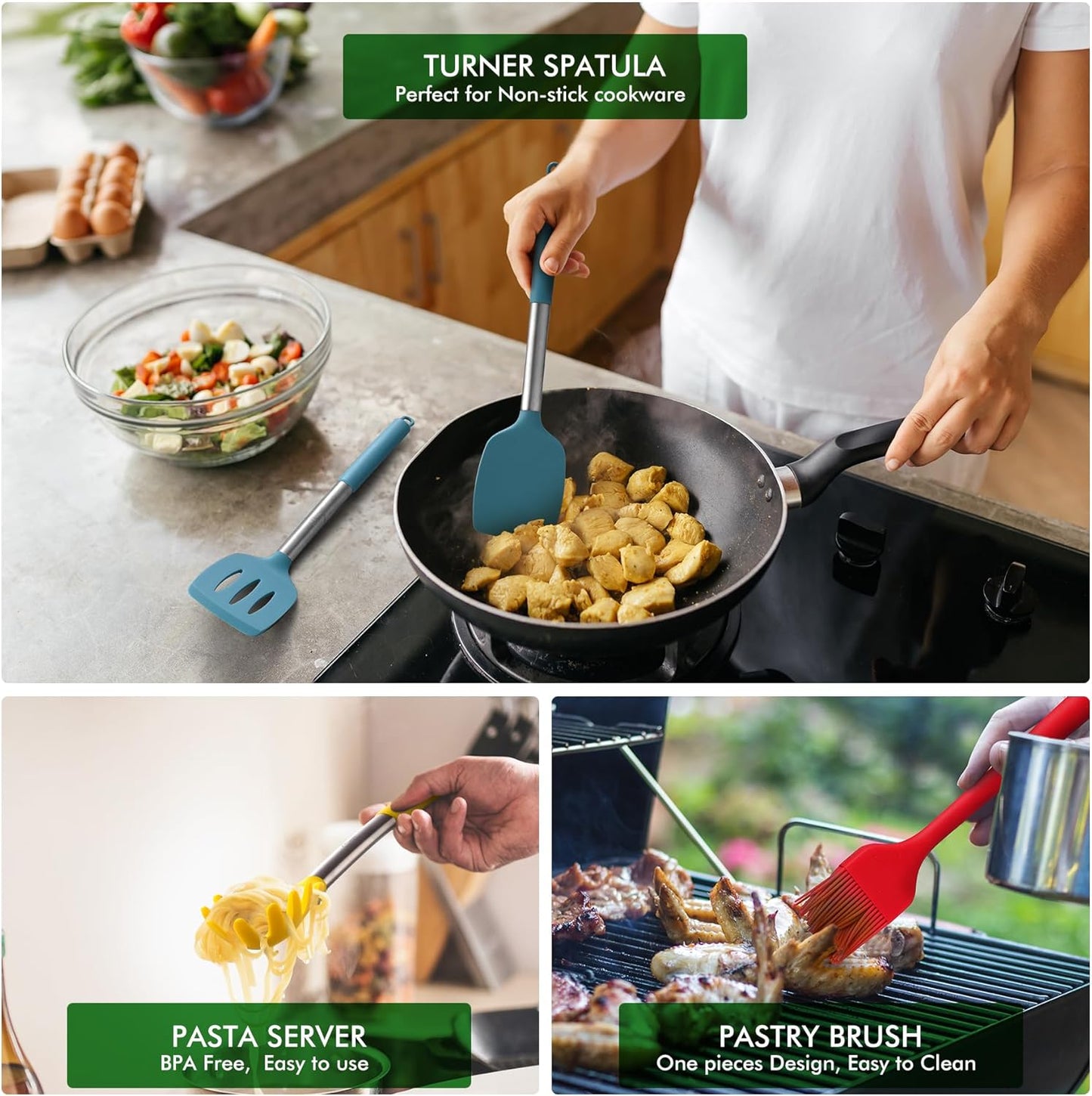 446°F Heat Resistant Silicone Kitchen Utensils, Cooking Utensil Set, Spatula Set, BPA Free, Kitchen Gadgets, Utensils Holder, Dishwasher Safe, 14pcs Multicolor