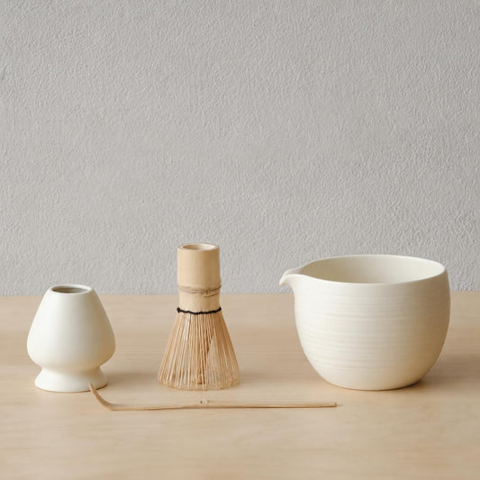 Matcha Whisk Set, Ceramic Matcha Bowl with Spout, Crème,6-Pc | Matcha kit includes 20 oz bowl, 100-prong bamboo whisk, holder, and scoop. High walls and curved spout help prevent spills.