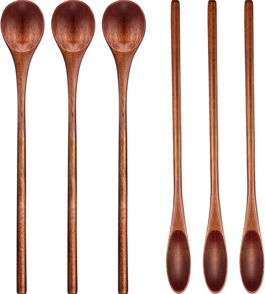 6 Pieces Wooden Coffee Spoons Long Handle Mixing Wooden Spoon Handmade Stirring Teaspoon for Kitchen Stirring