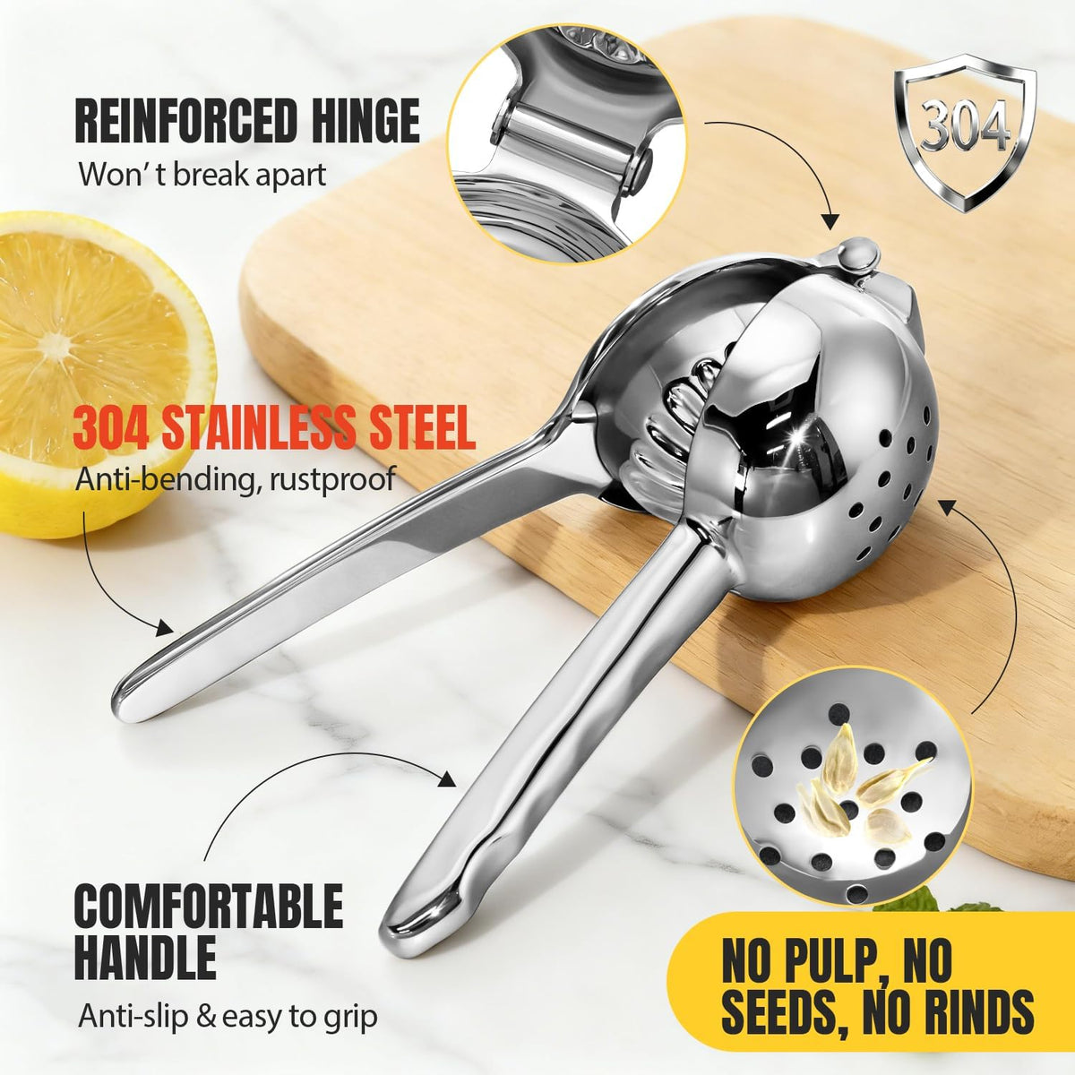Heavy Duty Stainless Steel Lemon Squeezer, Easy Squeeze Hand Juicer