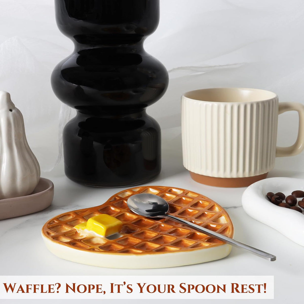 Waffle Spoon Rest for Stove Top Cute Spoon Holder for Kitchen Counter | Ceramic Cute Spoon Rest, Coffee Spoon Rest for Coffee Bar, Kitchen Whimsical Decor, Cute Kitchen Decor and Accessories Yellow