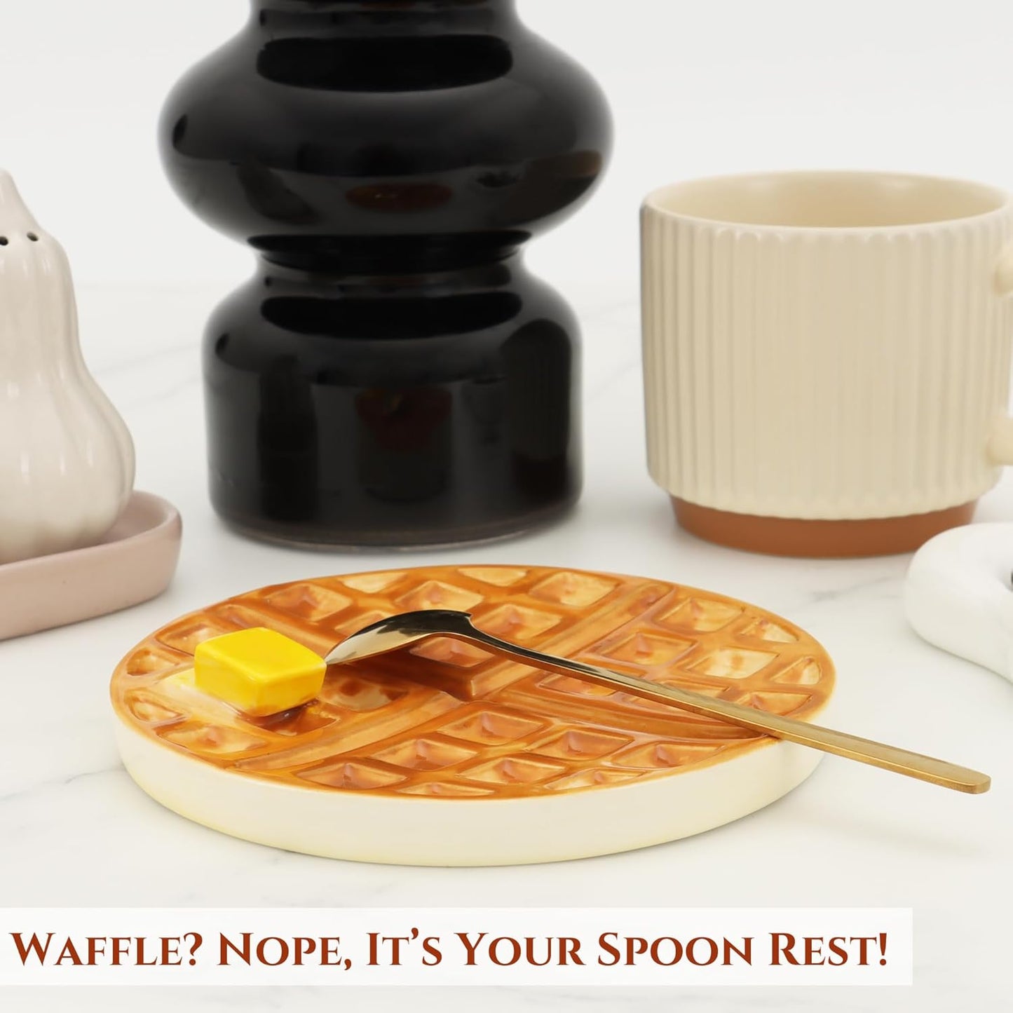 Waffle Spoon Rest for Stove Top Cute Spoon Holder for Kitchen Counter | Ceramic Cute Spoon Rest, Coffee Spoon Rest for Coffee Bar, Kitchen Whimsical Decor, Cute Kitchen Decor and Accessories Yellow