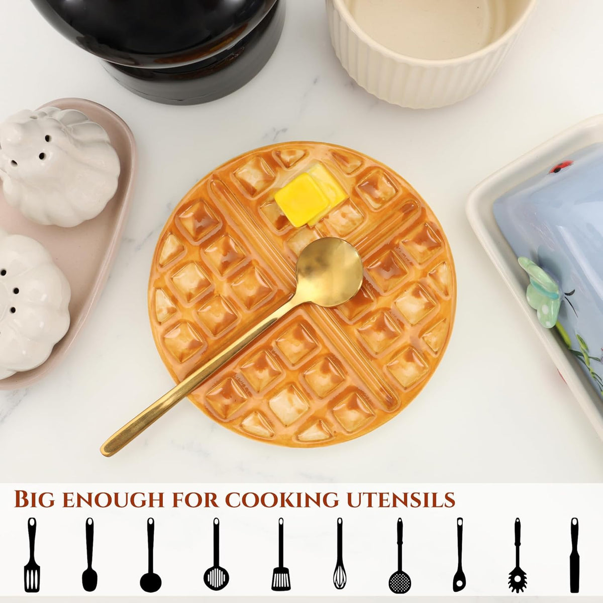 Waffle Spoon Rest for Stove Top Cute Spoon Holder for Kitchen Counter | Ceramic Cute Spoon Rest, Coffee Spoon Rest for Coffee Bar, Kitchen Whimsical Decor, Cute Kitchen Decor and Accessories Yellow