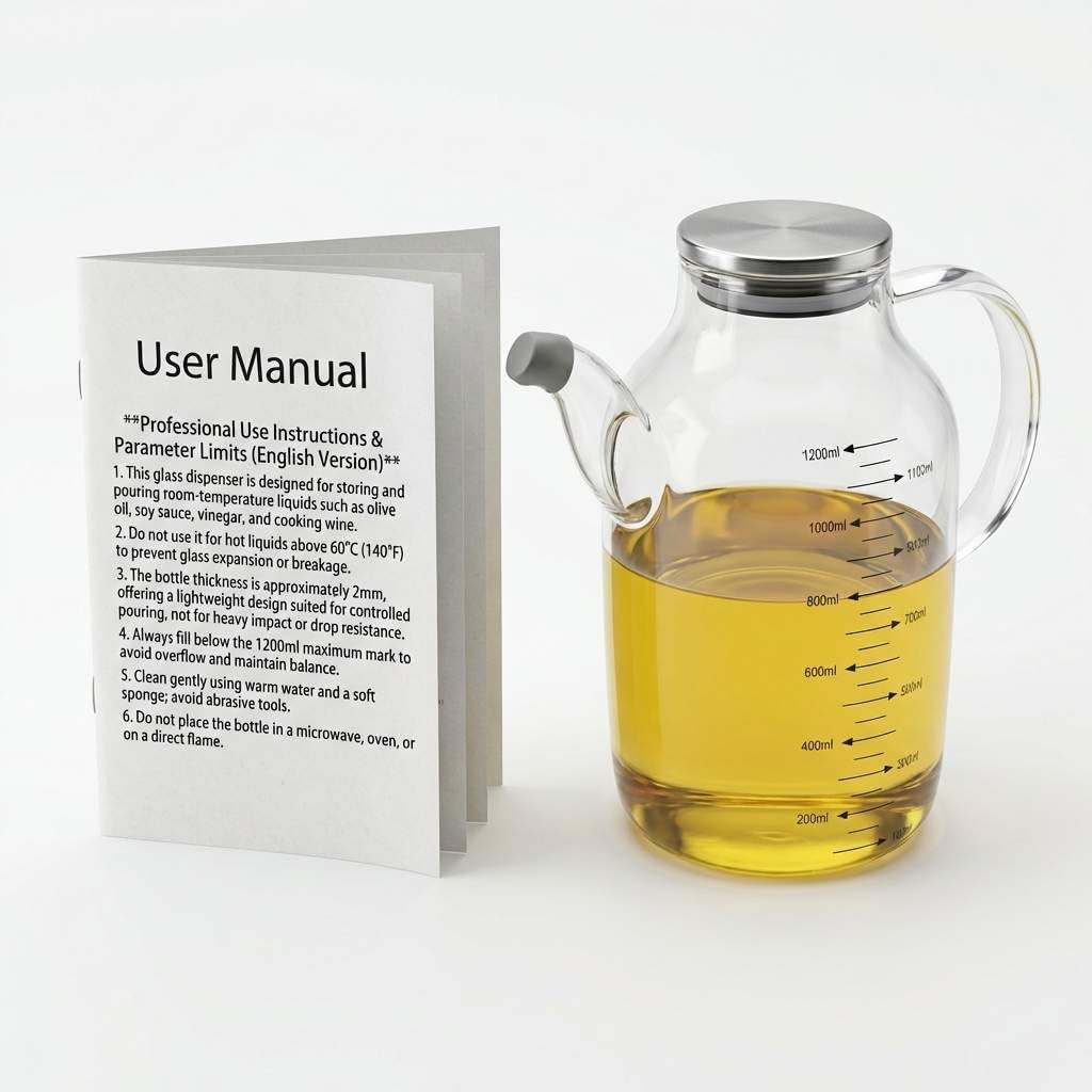 1200ML/40Oz Large Glass Cooking Oil Bottle with Stainless Steel Lid, Oil & Vinegar Dispenser Bottle for Olive Oil, Vinegar, Soy Sauce, Kitchen No Drip Liquid Container