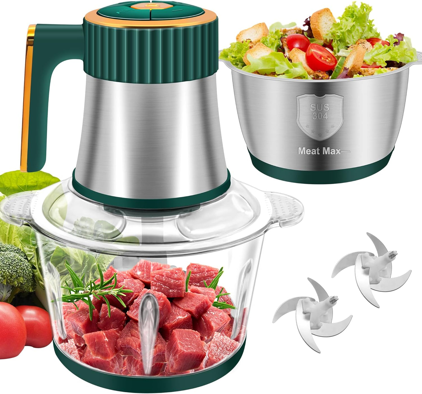 Small Food Processor, 5-Speed Food Chopper, Electric Meat Grinder | 2 Bowls (8 Cup+8 Cup) & 2 Sets of Blades, Meat Processor for Meat, Vegetables, Fruits and Nuts, Green