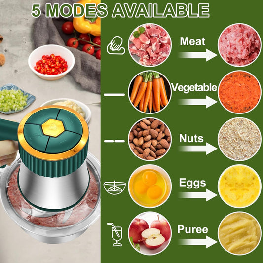 Small Food Processor, 5-Speed Food Chopper, Electric Meat Grinder | 2 Bowls (8 Cup+8 Cup) & 2 Sets of Blades, Meat Processor for Meat, Vegetables, Fruits and Nuts, Green