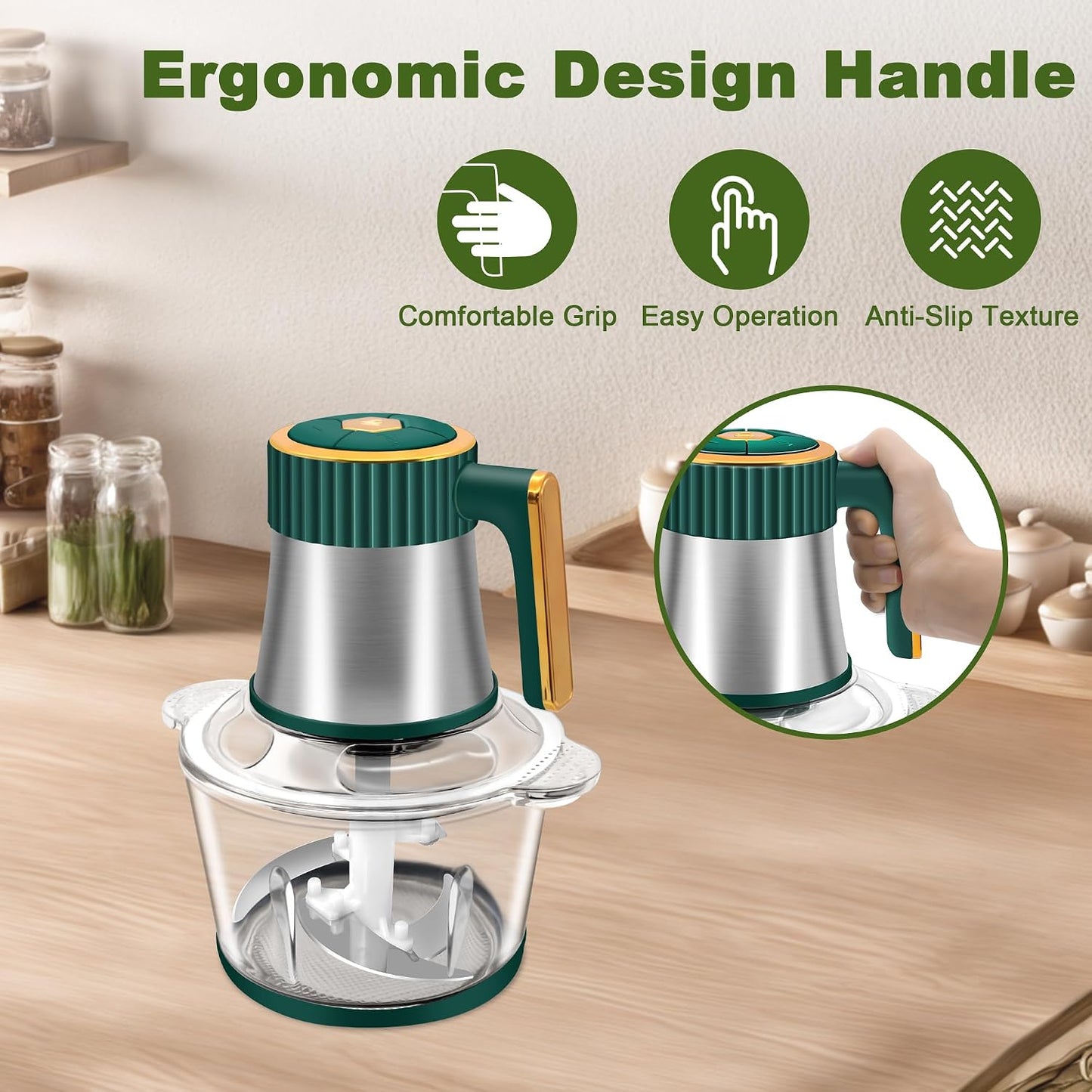 Small Food Processor, 5-Speed Food Chopper, Electric Meat Grinder | 2 Bowls (8 Cup+8 Cup) & 2 Sets of Blades, Meat Processor for Meat, Vegetables, Fruits and Nuts, Green