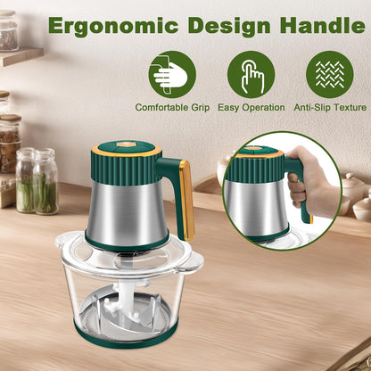 Small Food Processor, 5-Speed Food Chopper, Electric Meat Grinder | 2 Bowls (8 Cup+8 Cup) & 2 Sets of Blades, Meat Processor for Meat, Vegetables, Fruits and Nuts, Green