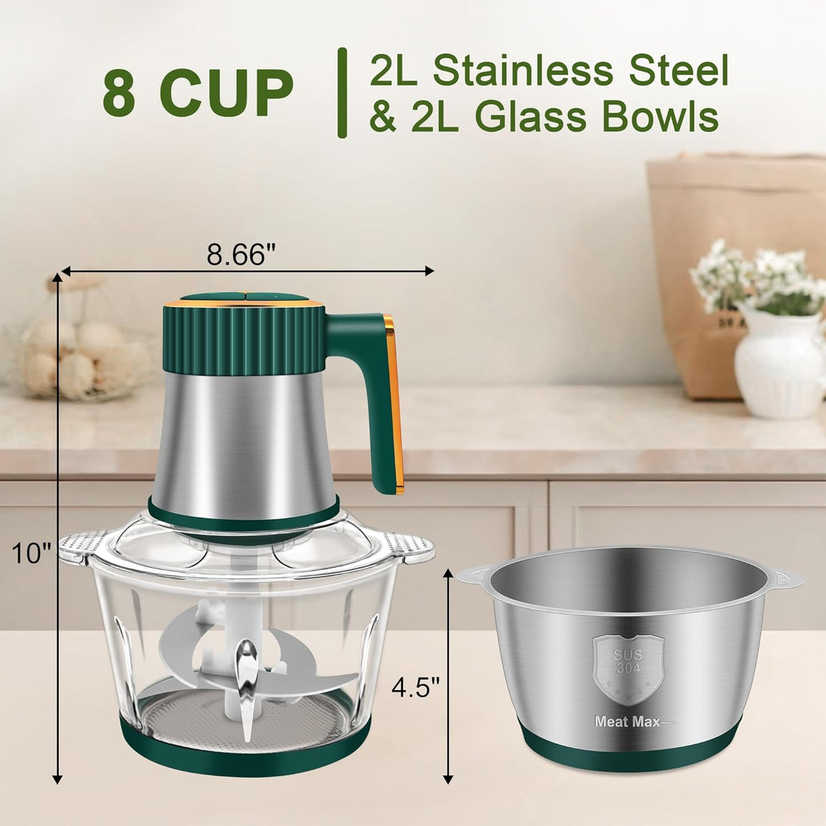 Small Food Processor, 5-Speed Food Chopper, Electric Meat Grinder | 2 Bowls (8 Cup+8 Cup) & 2 Sets of Blades, Meat Processor for Meat, Vegetables, Fruits and Nuts, Green