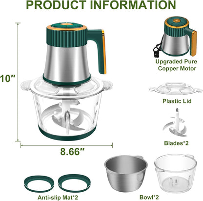 Small Food Processor, 5-Speed Food Chopper, Electric Meat Grinder | 2 Bowls (8 Cup+8 Cup) & 2 Sets of Blades, Meat Processor for Meat, Vegetables, Fruits and Nuts, Green