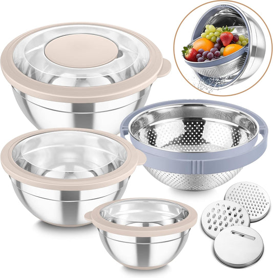 Mixing Bowls with Colander, Stainless Steel Salad Bowls, Khaki | 4.6/ 3/ 1.5 QT Nesting Bowls Rotatable Fruit Strainer, with Lids & 3 Graters, Non-Slip Bottom & Visible Lid, Dishwasher Safe